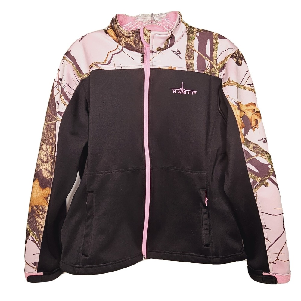 Habit Womens Black Pink Camouflage Jacket SMALL Softshell Fleece Lined Mossy Oak